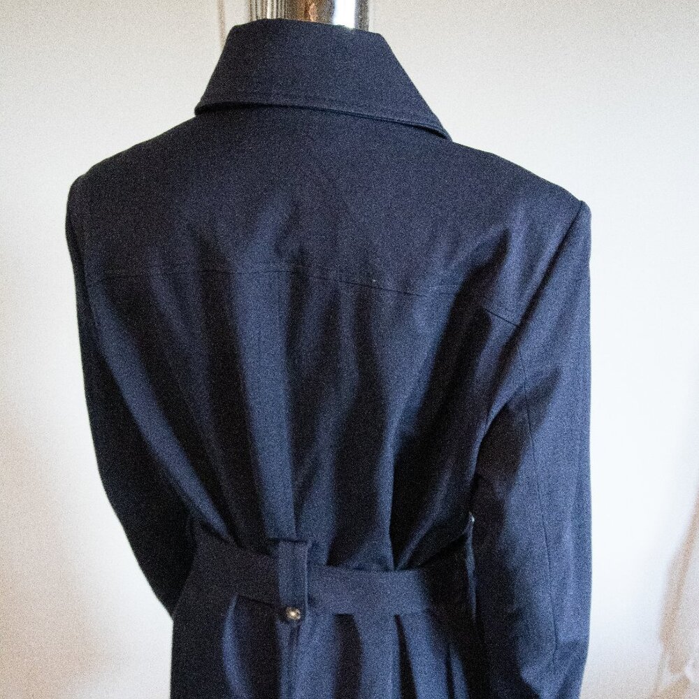 Navy Trench Coat With Grey Tortoiseshell Buttons Belted - Picture 3 of 6